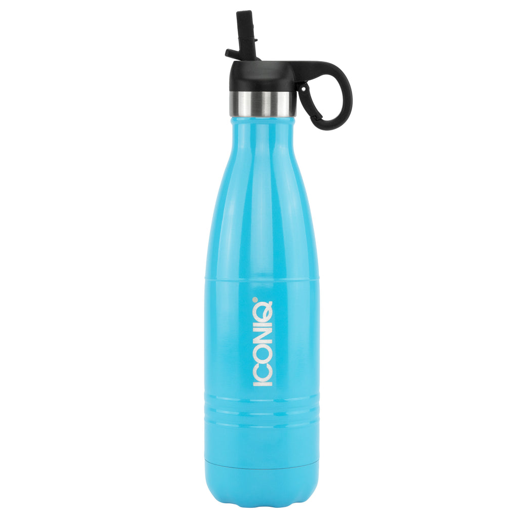 ICONIQ 17oz Gloss Blue Water Bottle with Straw Cap - Stainless Steel V