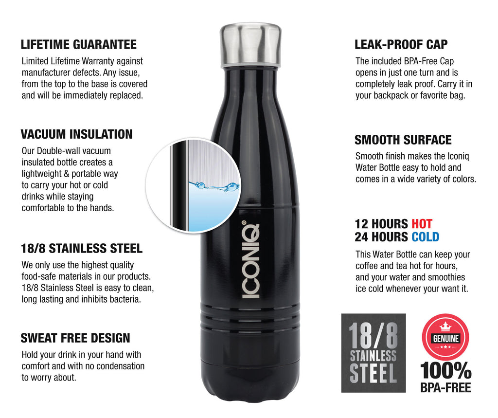 ICONIQ 17oz Jet Black Water Bottle - Stainless Steel Vacuum Insulated