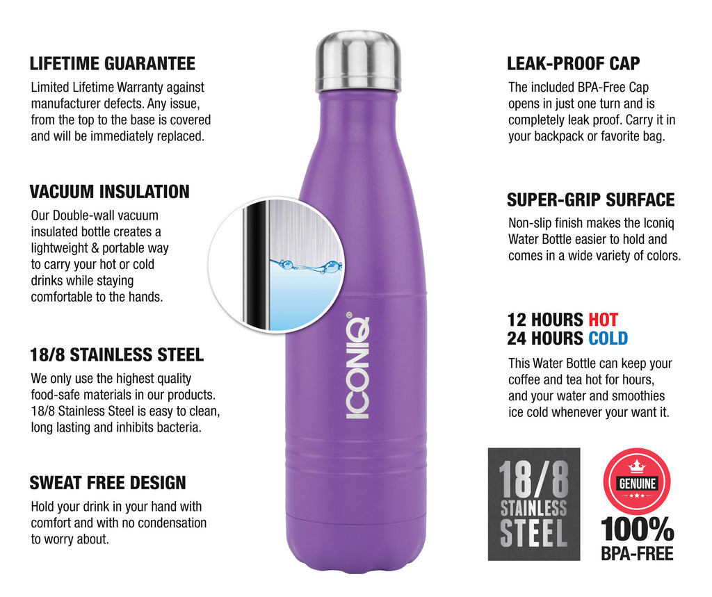 ICONIQ 17oz Purple Water Bottle - Stainless Steel Vacuum Insulated - 1