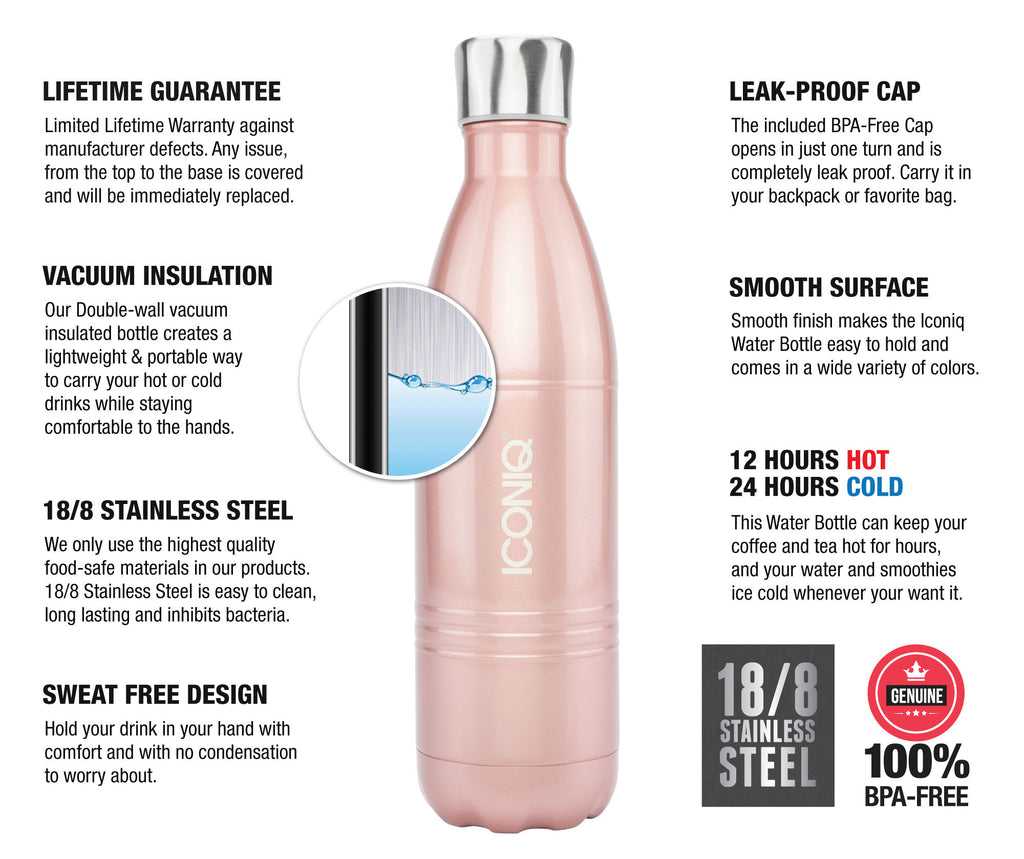 ICONIQ 25OZ ROSE GOLD WATER BOTTLE - STAINLESS STEEL VACUUM INSULATED