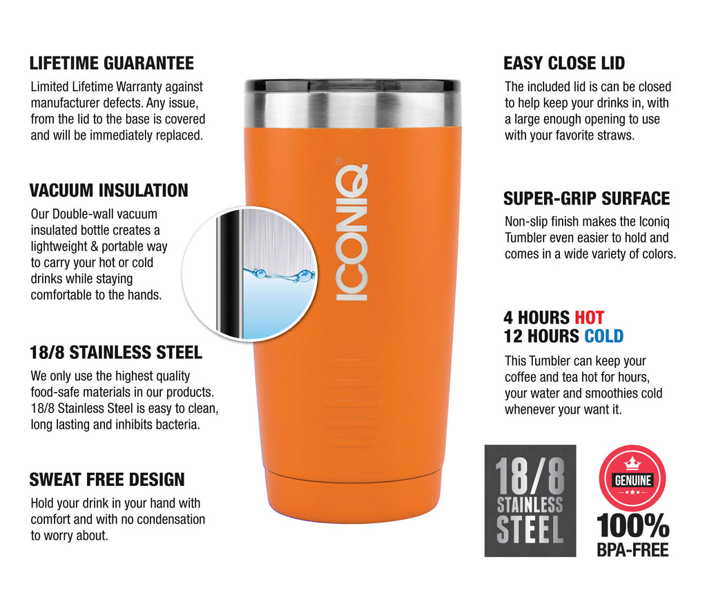 ICONIQ 20 oz Orange Stainless Steel Vacuum Insulated Tumbler descriptions