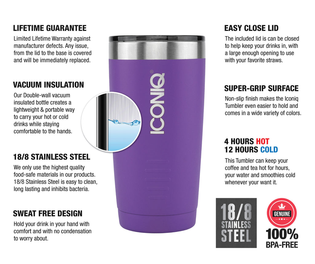 ICONIQ 20oz Purple Stainless Steel Vacuum Insulated Tumbler descriptions