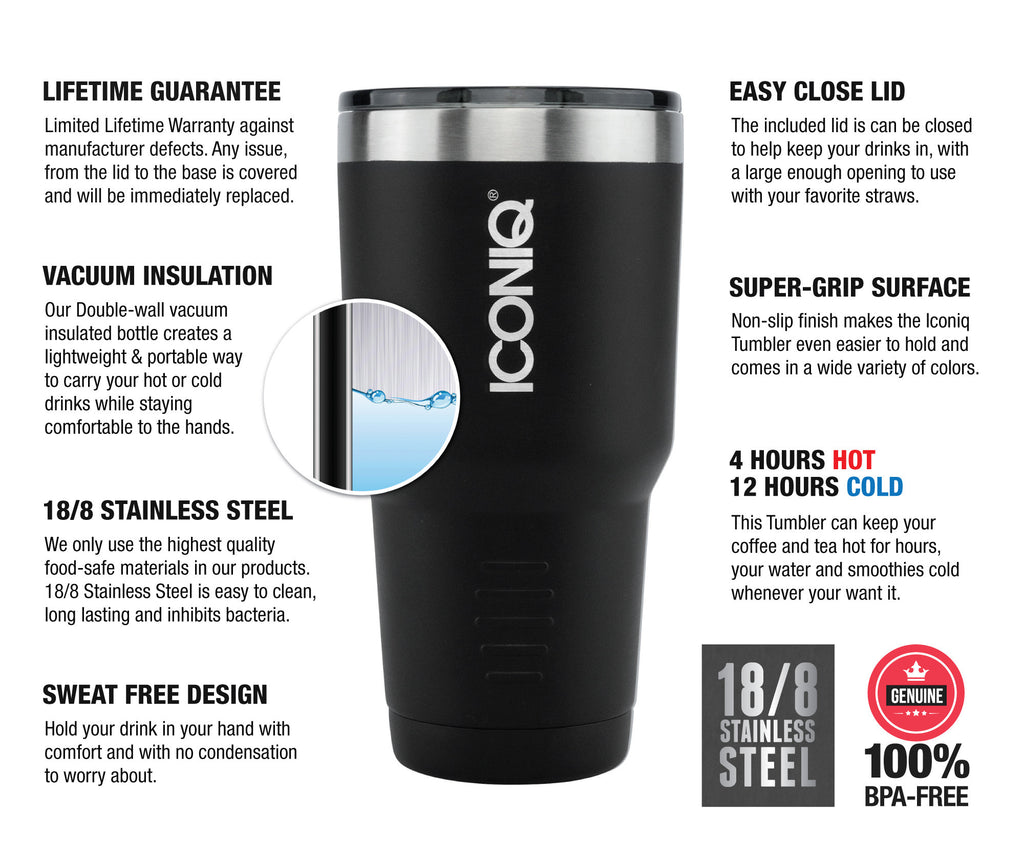 ICONIQ 30oz Black Stainless Steel Vacuum Insulated Tumbler descriptions