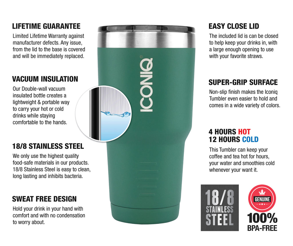 ICONIQ 30oz Green Stainless Steel Vacuum Insulated Tumbler descriptions